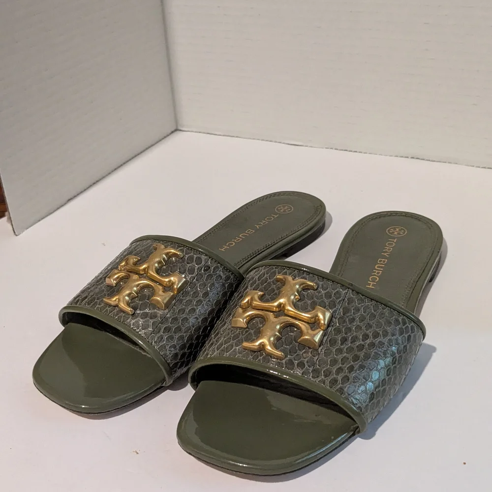 Tory Burch Green Slide Sandals with Gold Logo - Picture 2 of 5